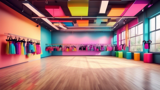 Create an image of a colorful and vibrant dance studio, filled with racks of trendy dance style gear from the top 3 shops recommended in the article. The image should showcase a variety of items such as leotards, leggings, tutus, dance shoes, and acc