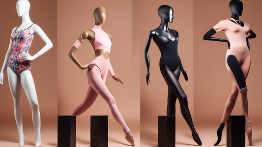 Create an image of mannequins dressed in dance wear from various top brands, each designed to suit different body shapes. Each mannequin should showcase the unique style and fit of dance wear from different brands tailored to specific body types, suc