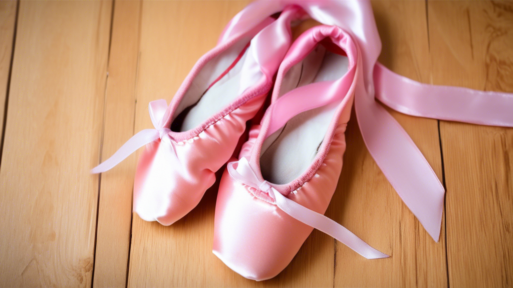 A pair of pink satin ballet shoes with a narrow toe box and a ribbon that ties around the ankle. The shoes are resting on a wooden floor in a ballet studio.