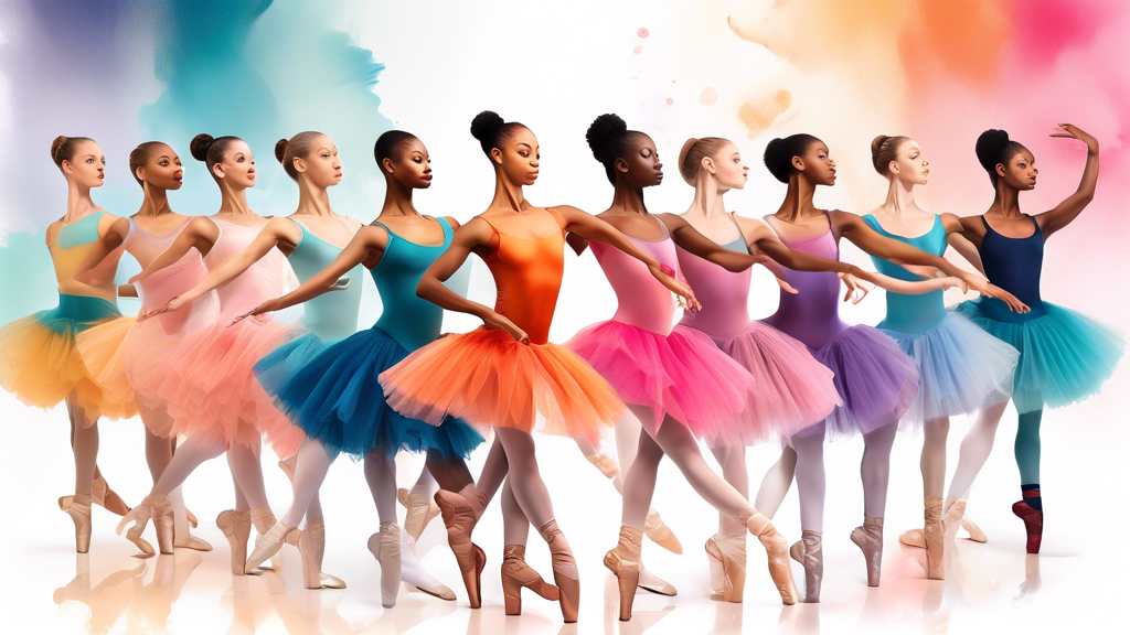 Create an image of a diverse group of ballet dancers wearing the latest dancewear trends for the season, showcasing colorful leotards, trendy tutus, stylish leg warmers, and ballet shoes in various styles and colors. The dancers are striking differen