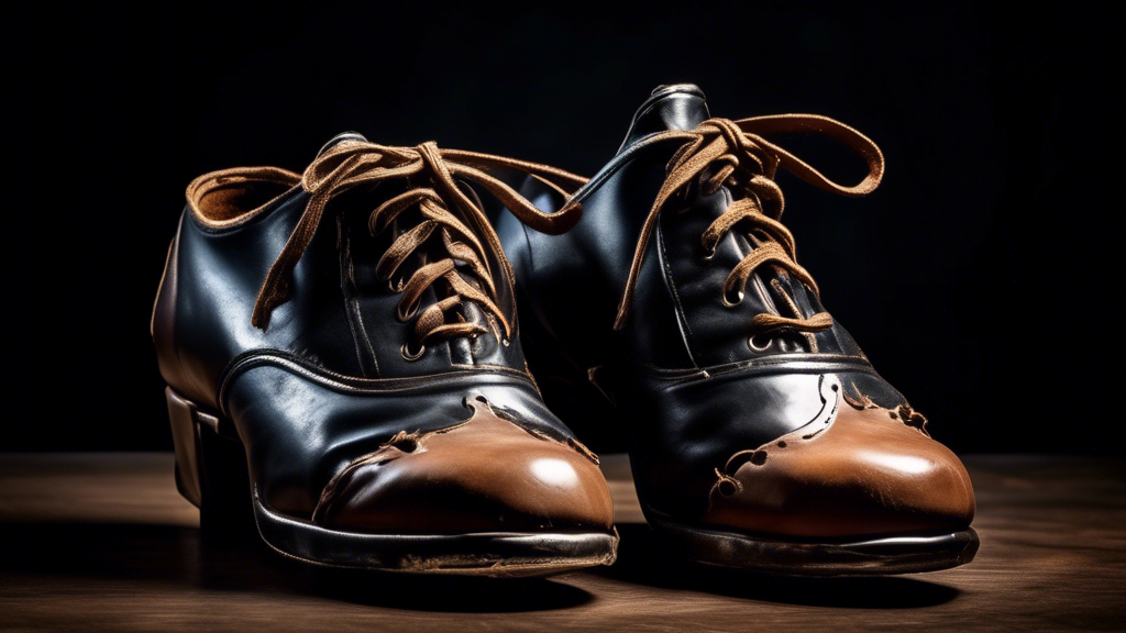 A pair of vintage tap shoes for adults, with black laces, a worn leather exterior, and metal taps. The shoes are photographed against a dark background, with soft lighting illuminating the details of 