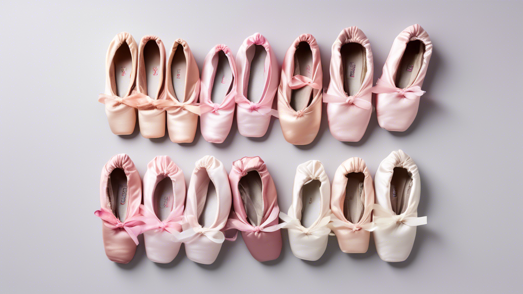 A photograph of five different pairs of ballet shoes for beginners, arranged in a semi-circle. The shoes are all various shades of pink and white, with ties or ribbons. The background is a light gray.