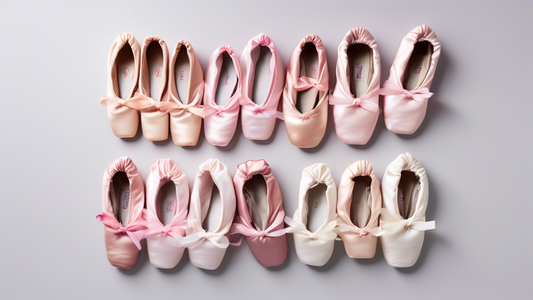 A photograph of five different pairs of ballet shoes for beginners, arranged in a semi-circle. The shoes are all various shades of pink and white, with ties or ribbons. The background is a light gray.