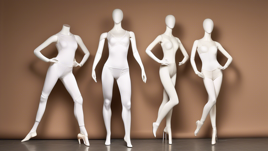 Create an image of three diverse mannequins displaying different dancewear styles tailored to fit various body shapes, showcasing the importance of finding the perfect fit for each dancer. The first mannequin should have a slender build, the second a