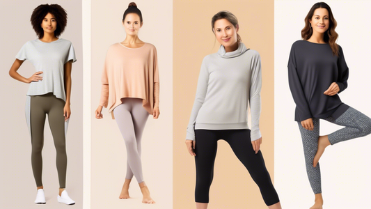 A collage of stylish and comfortable yoga outfits for different seasons, including cozy sweaters and leggings for winter, flowy tops and shorts for summer, and breathable fabrics for spring and fall. 
