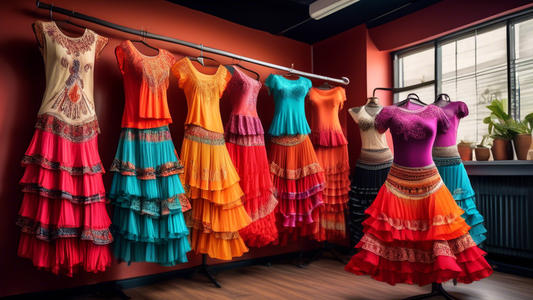 A collection of vibrant and flowy salsa skirts and tops, featuring intricate embroidery, ruffles, and bold colors, arranged on display in a Latin dance studio. The image should capture the energy and 