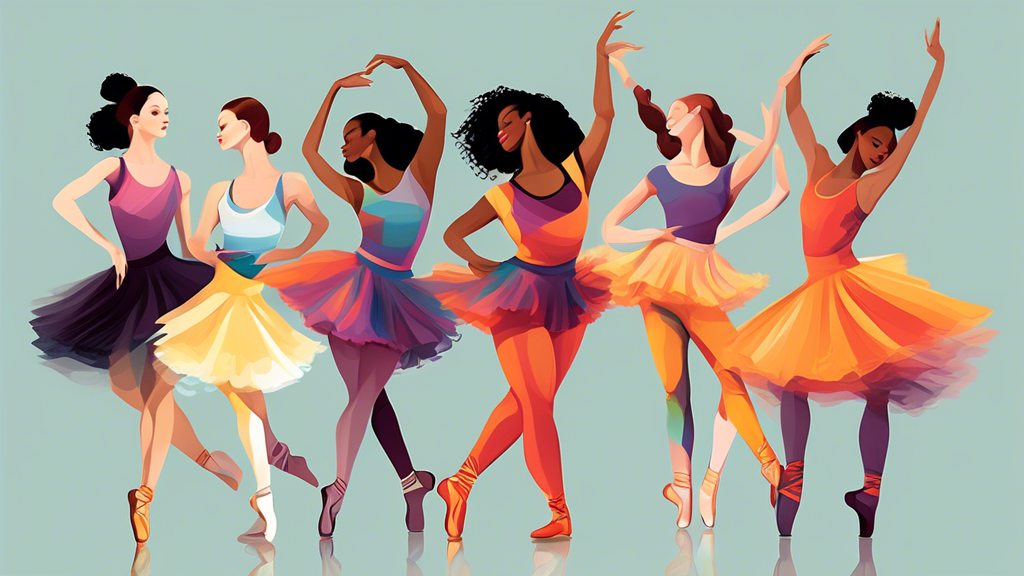 Create an image of a diverse group of dancers in stylish and flattering dance wear from top brands such as Capezio, Bloch, and Motionwear. The dancers should represent a variety of body types and dance styles, showcasing the flattering designs of the