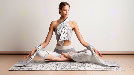 A sleek and modern yoga mat adorned with intricate dance-inspired patterns, complemented by a pair of stylish yoga blocks featuring delicate ballet silhouettes. A flowy yoga strap, reminiscent of a da