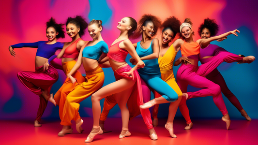 A vibrant and dynamic image of a group of dancers in an array of mix-and-matched dancewear, showcasing the beauty and versatility of dance fashion. The dancers should be captured in graceful poses, wi