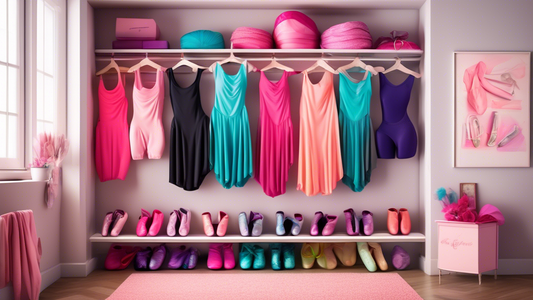 Create an image of a colorful dance studio closet filled with neatly organized, high-quality dancewear items such as leotards, ballet shoes, tights, and warm-up gear. The image should convey a sense of durability and reliability, showcasing the diffe