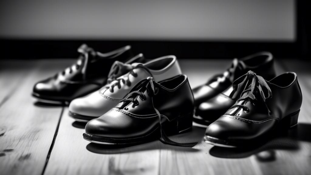 A close-up photograph of tap shoes with various heel heights arranged on a studio floor. The shoes are black and white, and the floor is a light wood. The focus is on the heels of the shoes, which are