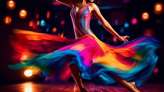 A vibrant and flowing dress made of breathable fabrics for Latin dance, captured in motion on a dance floor with colorful lights and an energetic atmosphere.