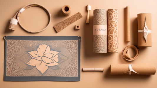 A close-up of handcrafted yoga accessories designed for dancers, such as a yoga mat with a dancer's silhouette, yoga blocks with intricate designs, and a yoga strap with a ballet barre pattern. The ac