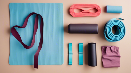 A photo of durable yoga essentials for dancers, laid out on a yoga mat. The items include a yoga block, a yoga strap, and a set of resistance bands. The yoga block is made of a sturdy foam material, t