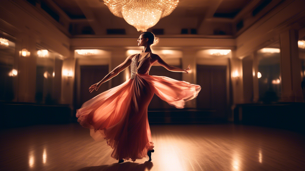 A photograph of a ballroom dancer in elegant attire, showcasing graceful dance moves. The lighting should be dramatic and the background should be a blur to enhance the sense of movement and elegance.