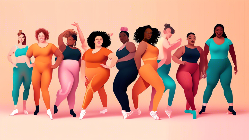 Create an image of a diverse group of dancers with various physical abilities and body types trying on and modeling inclusive dancewear options, showcasing a range of sizes, styles, and features designed to improve accessibility for all dancers.