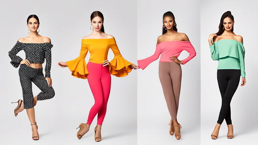 An image of five elegant off-shoulder jazz tops in various colors and styles, suitable for dancers. The tops should be sophisticated and stylish, with a focus on movement and grace.