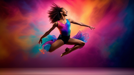 A high-energy, dynamic photo of a dancer wearing a jazz top, captured mid-leap or pirouette, showcasing the garment's flexibility and range of motion. The dancer's expression exudes confidence and joy