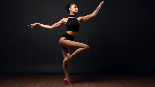 A beautiful slender woman wearing an elegant black halter neck jazz top, dancing in a modern dance pose