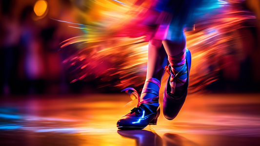 An explosion of color and movement, a dancer in vibrant tap shoes, their feet a blur as they execute intricate steps on a gleaming stage. The shoes gleam, reflecting the lights above, and the dancer's
