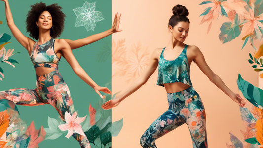 A vibrant yoga dancewear collection, featuring flowy fabrics, bold patterns, and intricate designs, inspired by the changing seasons. The models are shown practicing yoga poses in nature, surrounded b