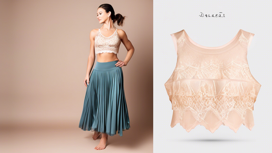 An elegant dancewear design featuring a flowing skirt with intricate pleating and a matching crop top adorned with sheer lace panels. The design should convey a sense of movement and grace.
