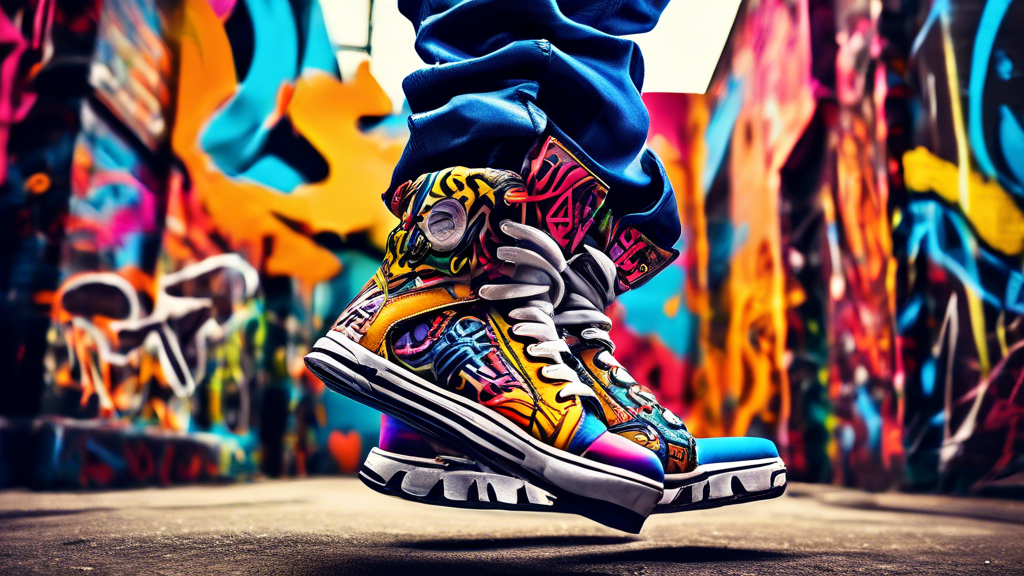 A colorful and dynamic image of hip hop footwear with exaggerated spring-like soles, creating the illusion of effortless movement and bounce. The shoes should be adorned with vibrant patterns and grap