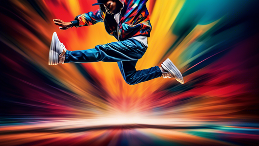 A vibrant and dynamic image of a hip-hop dancer leaping into the air, showcasing their sleek and stylized sneakers. The dancers' feet are in mid-air, toes pointed, and the sneakers are a blur of motio