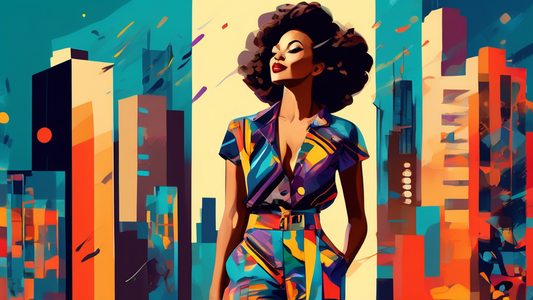 A stylish woman wearing high-waisted, wide-leg pants with a jazz-inspired print, set against a vibrant and energetic background that evokes the spirit of jazz music. The pants should be tailored and f