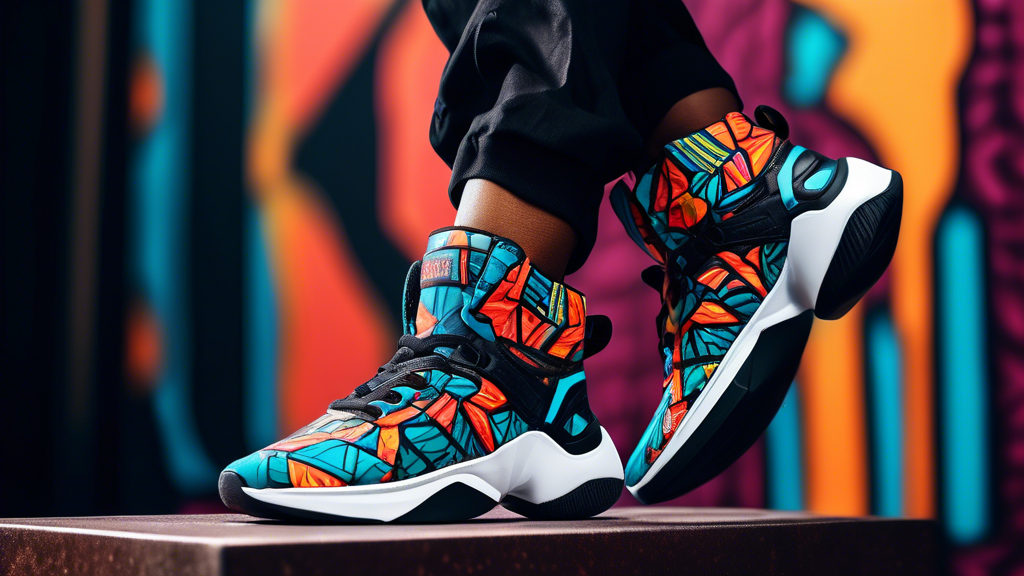 A pair of custom-fit street dance sneakers in a vibrant colorway, adorned with intricate lace detailing and a bold, geometric pattern. The sneakers are suspended in mid-air, with a dancer's legs and f