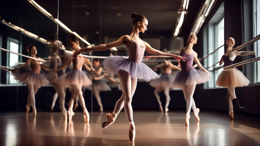 Create an image of a ballet dancer in a vibrant dance studio, surrounded by mirrors, barres, and various dance gear like pointe shoes, leotards, and resistance bands. Show the dancer elegantly showcasing different dance moves, symbolizing the idea of