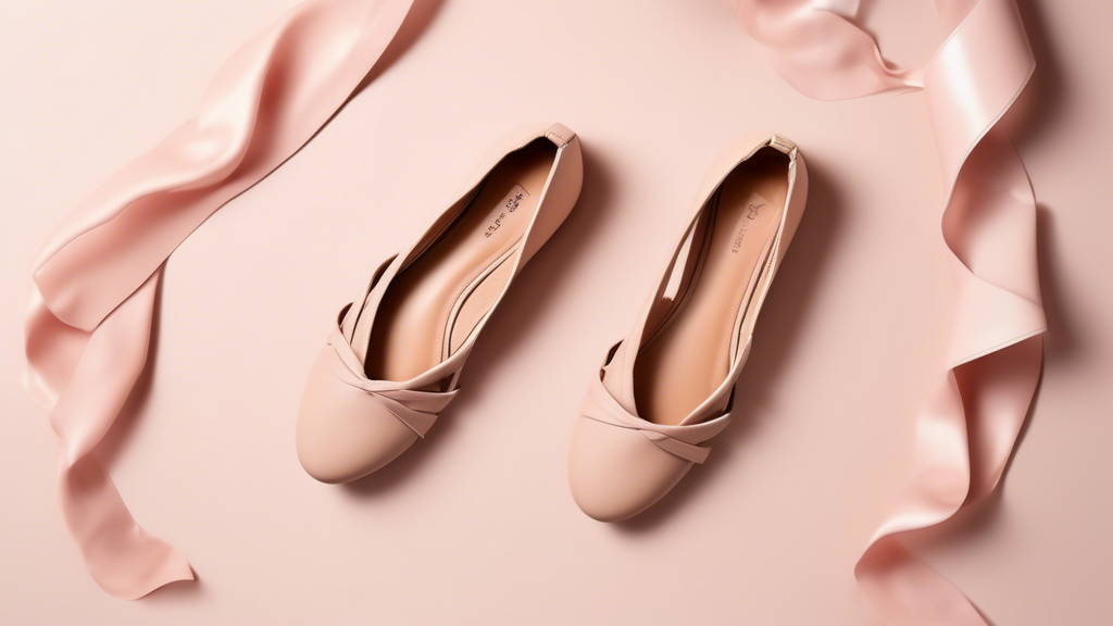 A pair of ballet flats made from supple vegan leather in a pale blush color, with delicate criss-cross straps across the instep and a thin, flexible sole. The shoes are shown from above, against a bac