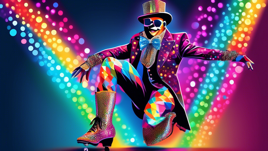 Create an image of a tap dancer wearing unconventional and eye-catching accessories such as glittering leg warmers, LED light-up tap shoes, and diamond-studded top hats, showcasing the uniqueness and creativity of tap dance accessories.