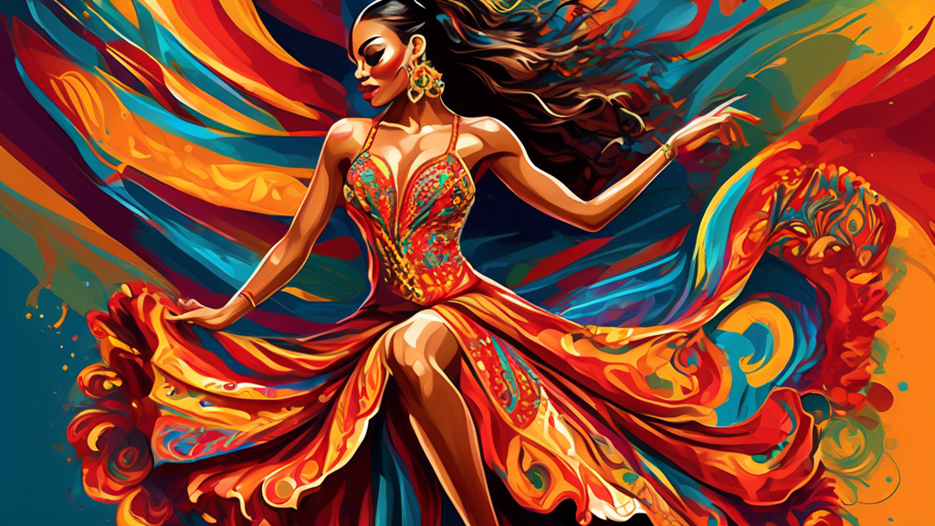 A vibrant and elegant salsa dancer adorned in a stunning custom-designed dress, showcasing intricate embellishments, flowing fabrics, and alluring cutouts that accentuate her every move. The dress emb