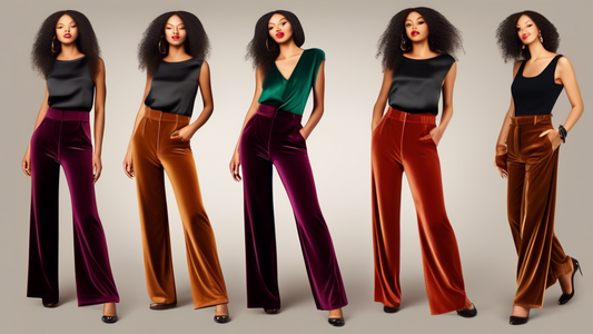 A photorealistic image of a person wearing velvety jazz pants. The pants should be a deep, rich color, and have a wide leg with pleats at the waist. The person should be wearing a stylish top and shoe