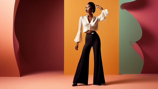 A fashion model wearing elegant wide-leg jazz pants with a flowing silhouette and a trumpet player in the background, evoking the glamour and sophistication of the jazz era.