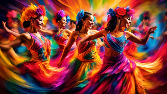 A vibrant and colorful scene of Latin dancers in elaborate costumes. The costumes should be adorned with intricate patterns and designs in a variety of bright hues. The dancers should be moving dynami