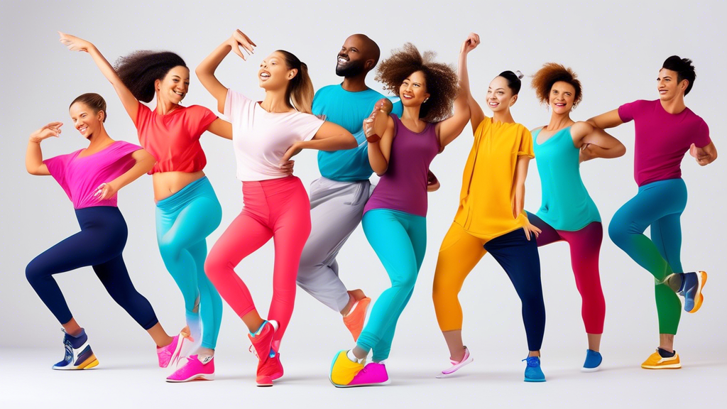 A diverse group of people wearing colorful, stylish, and comfortable dance sneakers that accommodate wide feet, showcasing the joy and confidence of dancing without foot pain or discomfort.