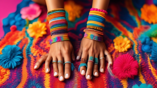 A close-up image of a dancer's hands and feet wearing colorful, handcrafted yoga accessories, such as wristbands, finger bands, and toe rings, against a vibrant background. The accessories should be m