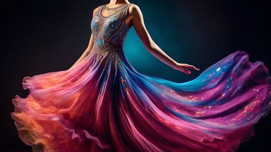 An intricate ballroom gown with a flowing skirt and sparkling embellishments, suitable for a ballroom dance competition.