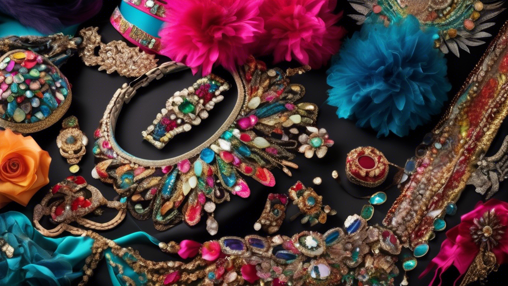 An array of vibrant and dazzling accessories, such as sequined headbands, sparkling jewelry, ornate belts, and flowy scarves, arranged on a stage or dance floor, ready to enhance a performer's attire 