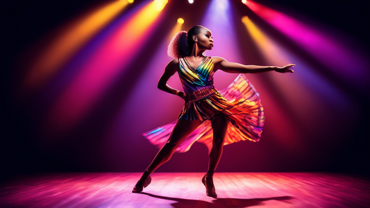 A jazz dancer in a stylish top, showing off their moves on a stage with spotlights shining down on them. The top should be form-fitting and colorful, and the dancer should be expressive and graceful.