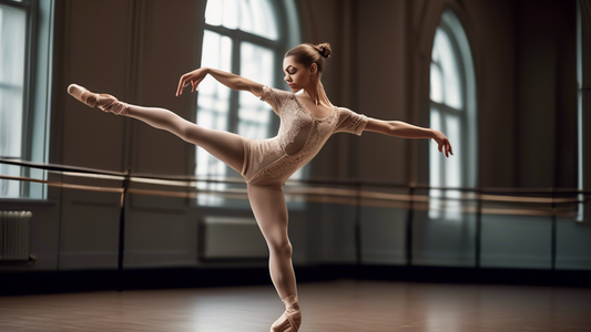 A photograph of a dancer in a lace-up leotard, captured in a graceful pose that demonstrates flexibility. The focus should be on the leotard and its intricate lace-up details, highlighting the way it 