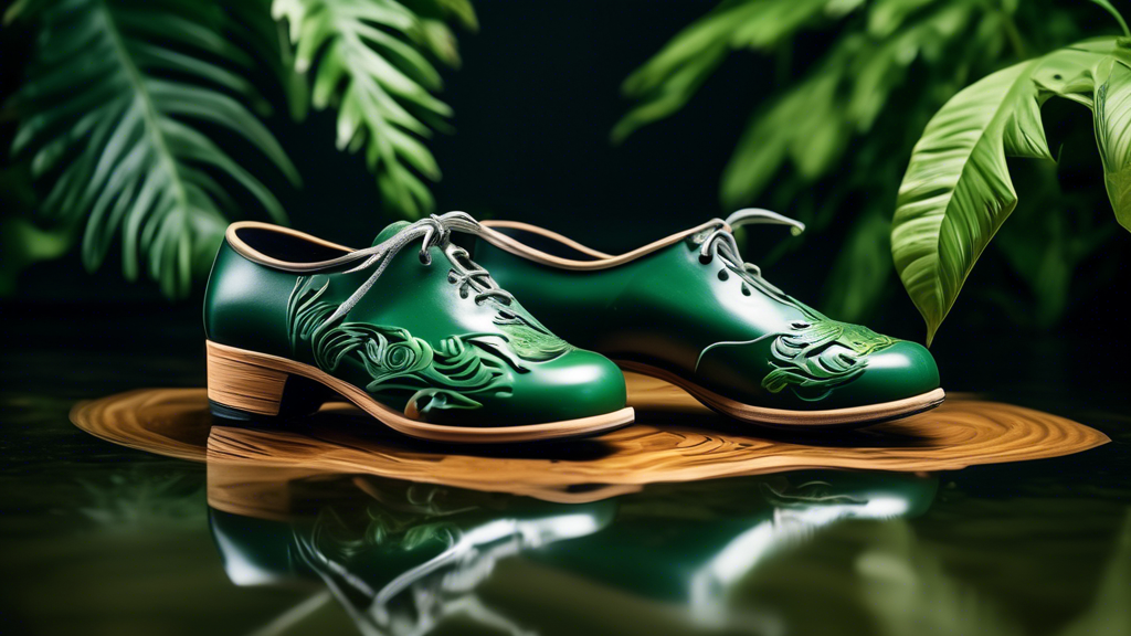 A pair of tap shoes made from sustainable materials, such as recycled rubber and bamboo, with intricate carvings and a polished finish, set against a backdrop of lush greenery and flowing water