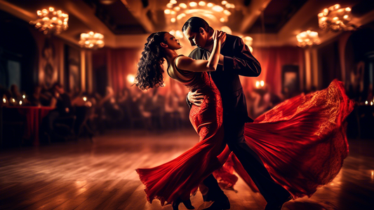 A vibrant and elegant image of a tango dancer wearing a high-quality tango costume, complete with intricate details and flowing fabrics. The dancer should be posed in a dynamic tango move, capturing t