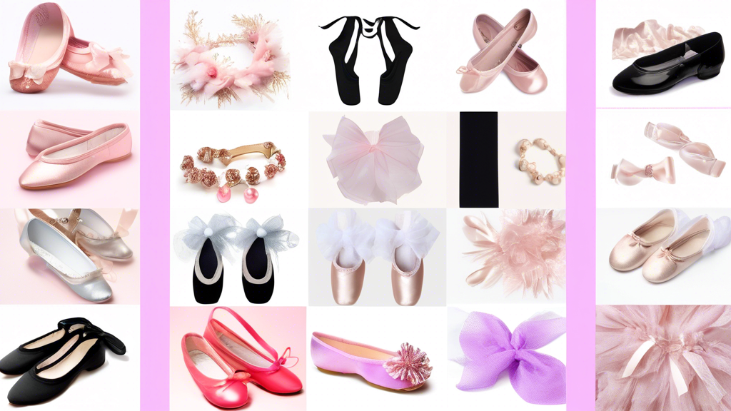 A collage of 10 must-have dance accessories for recitals: ballet shoes, tap shoes, jazz shoes, leotard, tutu, tights, hair accessories, makeup, and jewelry.