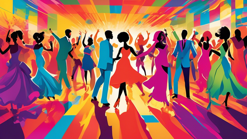 Create an image of a vibrant dance floor filled with people wearing 5 unique and stylish outfits that each express a different personality. The outfits should be diverse in style, including bold colors, patterns, and accessories that stand out in a c