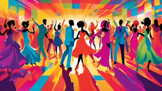 Create an image of a vibrant dance floor filled with people wearing 5 unique and stylish outfits that each express a different personality. The outfits should be diverse in style, including bold colors, patterns, and accessories that stand out in a c