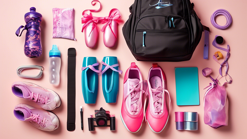 Create an image of a vibrant and organized dance bag with essential specialty items for dancers, such as ballet shoes, pointe shoes, tap shoes, stretch bands, water bottle, hair ties, and a notebook for tracking progress. The image should convey the 