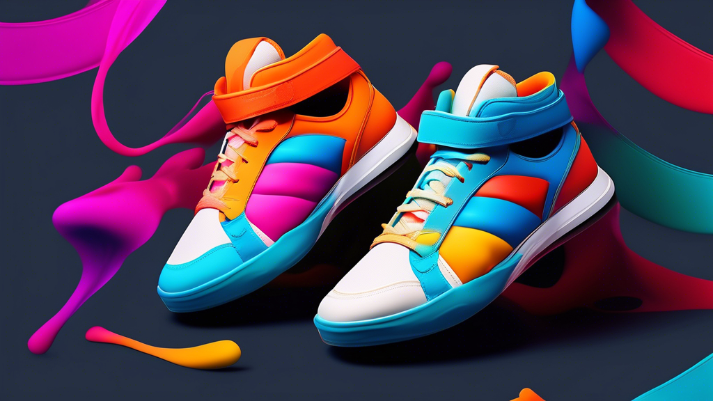 Create a vibrant image of a pair of modern dance sneakers designed for beginner hip hop dancers. The sneakers should feature a bold, colorful design with supportive cushioning and ankle support. Showc